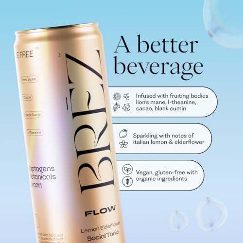 BREZ FLOW Lion’s Mane Mushroom Drink, 8-Pack, Non-Infused, Adaptogens, Relieving, Uplifting, and Social, Sparkling Lemon Elderflower Tonic 12 Fl oz