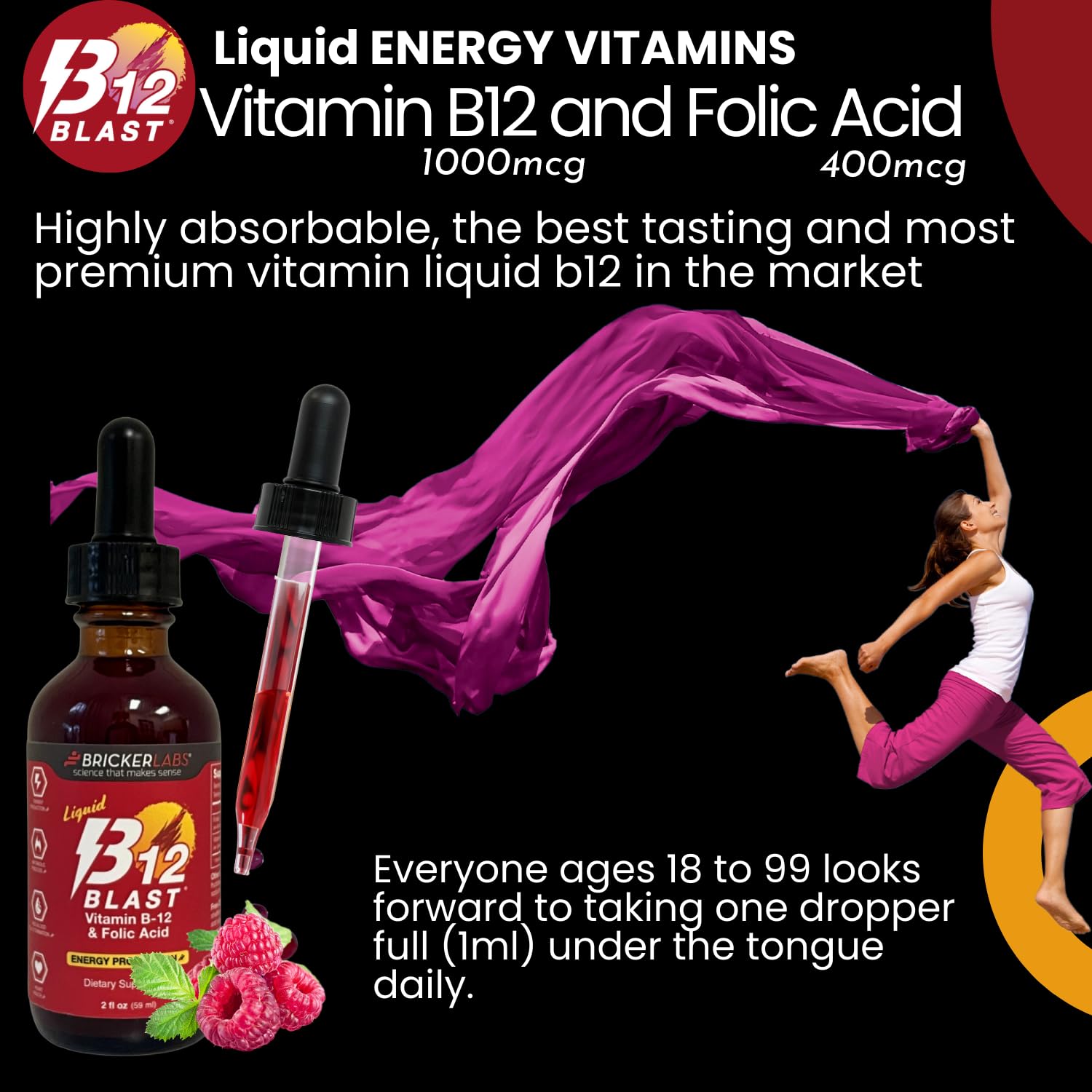Bricker Labs B-12 Blast Liquid Vitamin B12 & Folic Acid – Energy Support, Raspberry Flavor, 2 fl oz