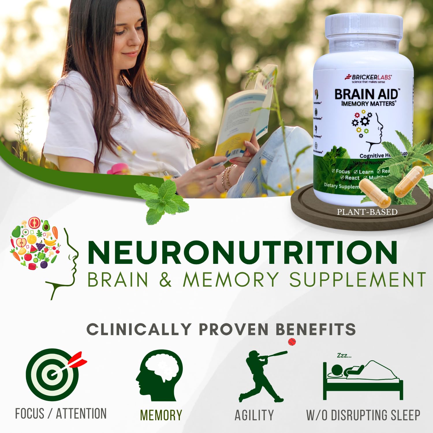 Bricker Labs Brain Aid Memory Matters – Nootropic Brain Supplement with Neumentix Spearmint Extract, 90 Capsules