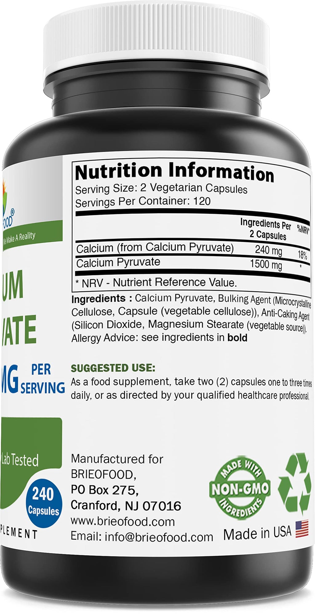 Brieofood Calcium Pyruvate 1500mg per Serving – 240 Vegetarian Capsules (2-Pack)