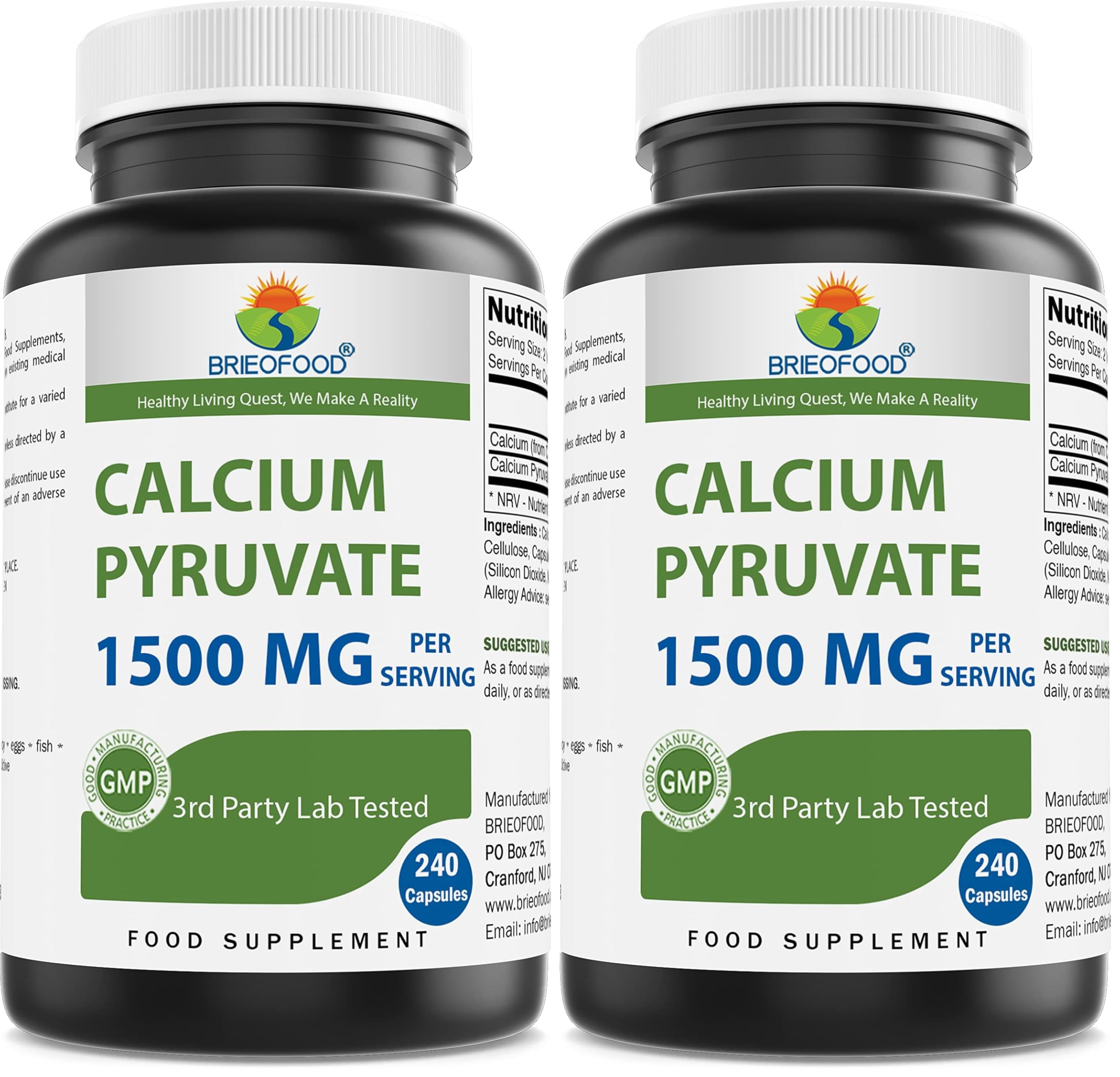 Brieofood Calcium Pyruvate 1500mg per Serving – 240 Vegetarian Capsules (2-Pack)