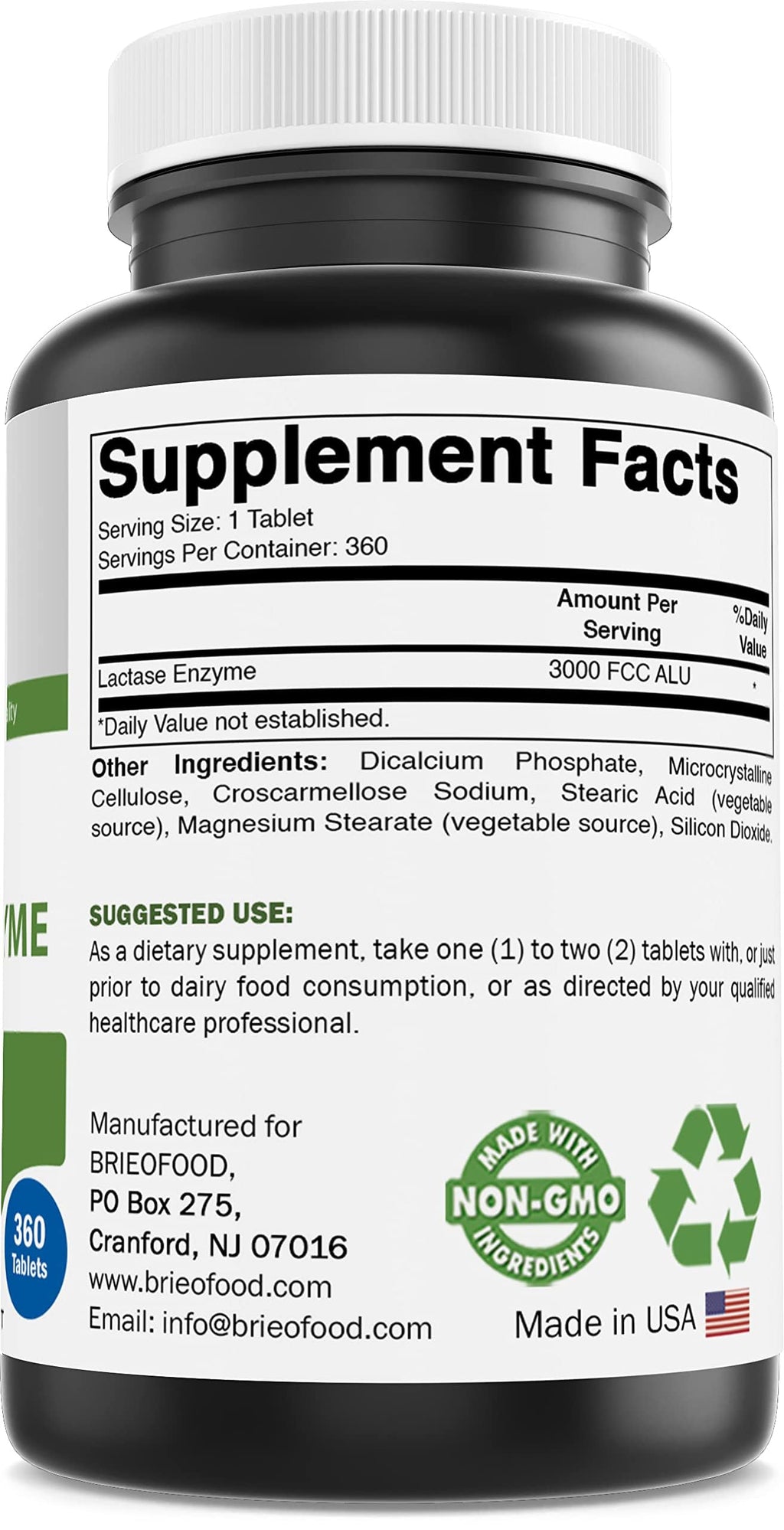 Brieofood Lactase Enzyme Pills – 3000 FCC ALU, 360 Tablets, 360 Servings – Non-GMO, Gluten Free