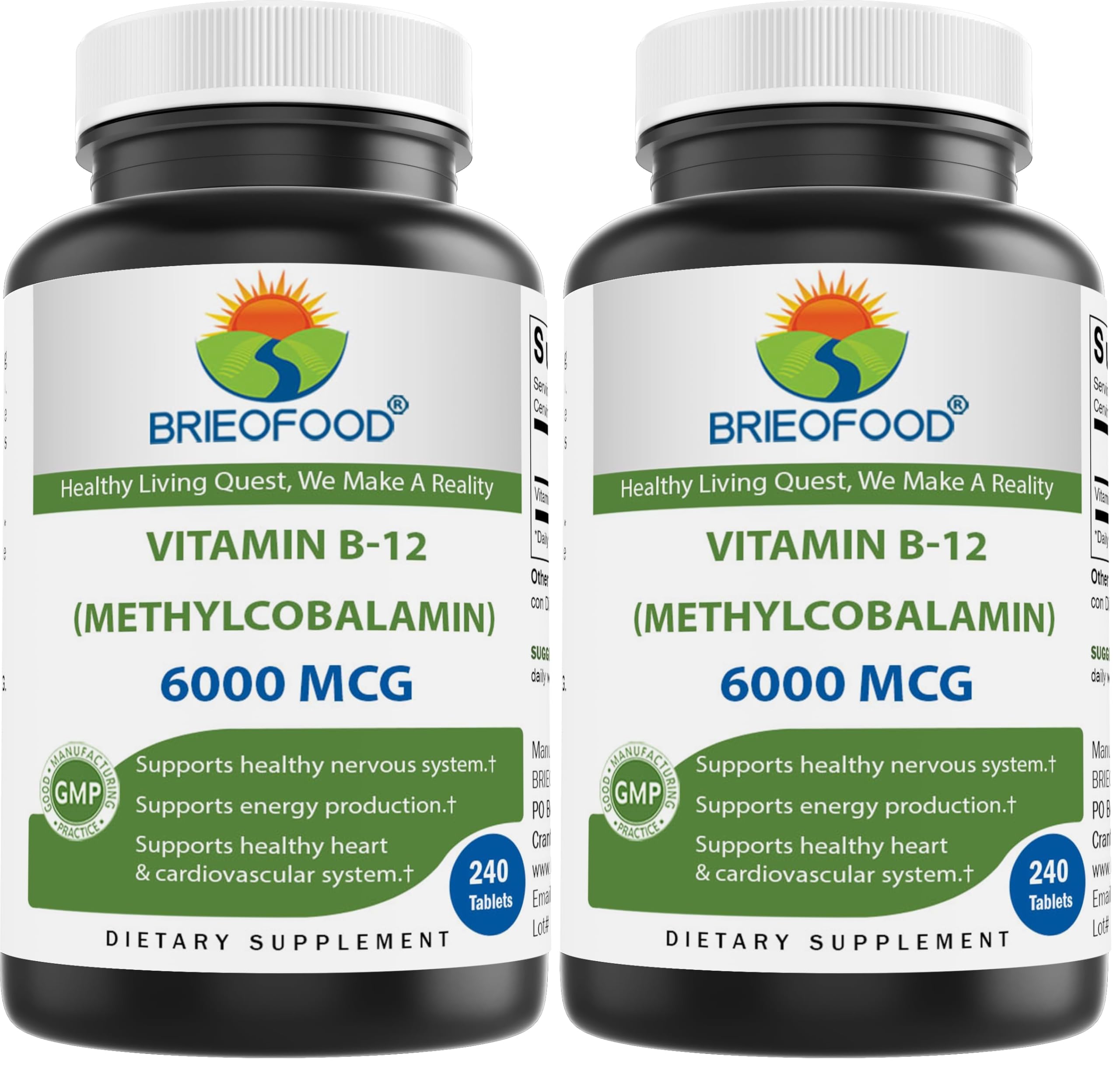 Brieofood Vitamin B-12 6000 mcg Methylcobalamin – 240 Tablets – Non-GMO & Gluten Free (Pack of 2)