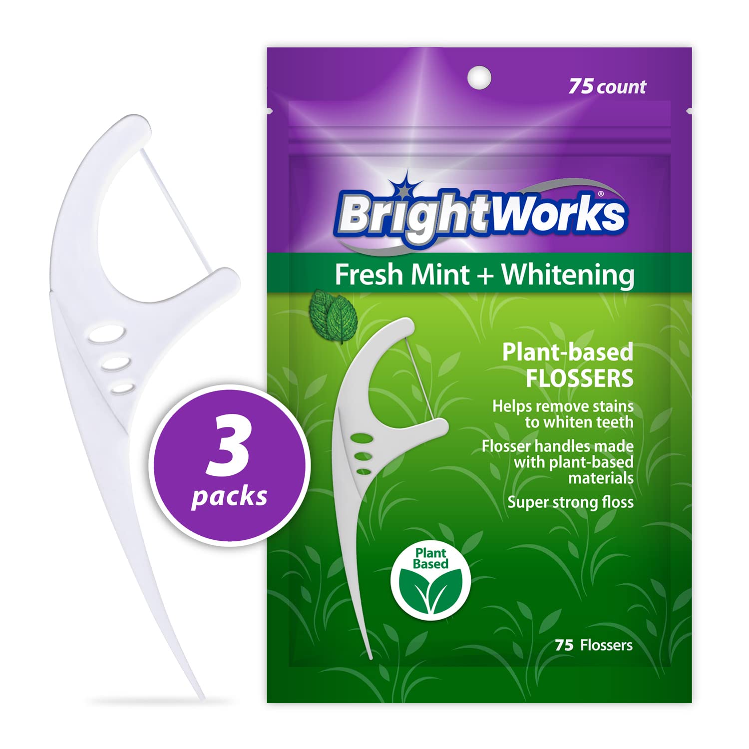BrightWorks Mint Whitening Dental Flossers – 225 Pieces, 3-Pack