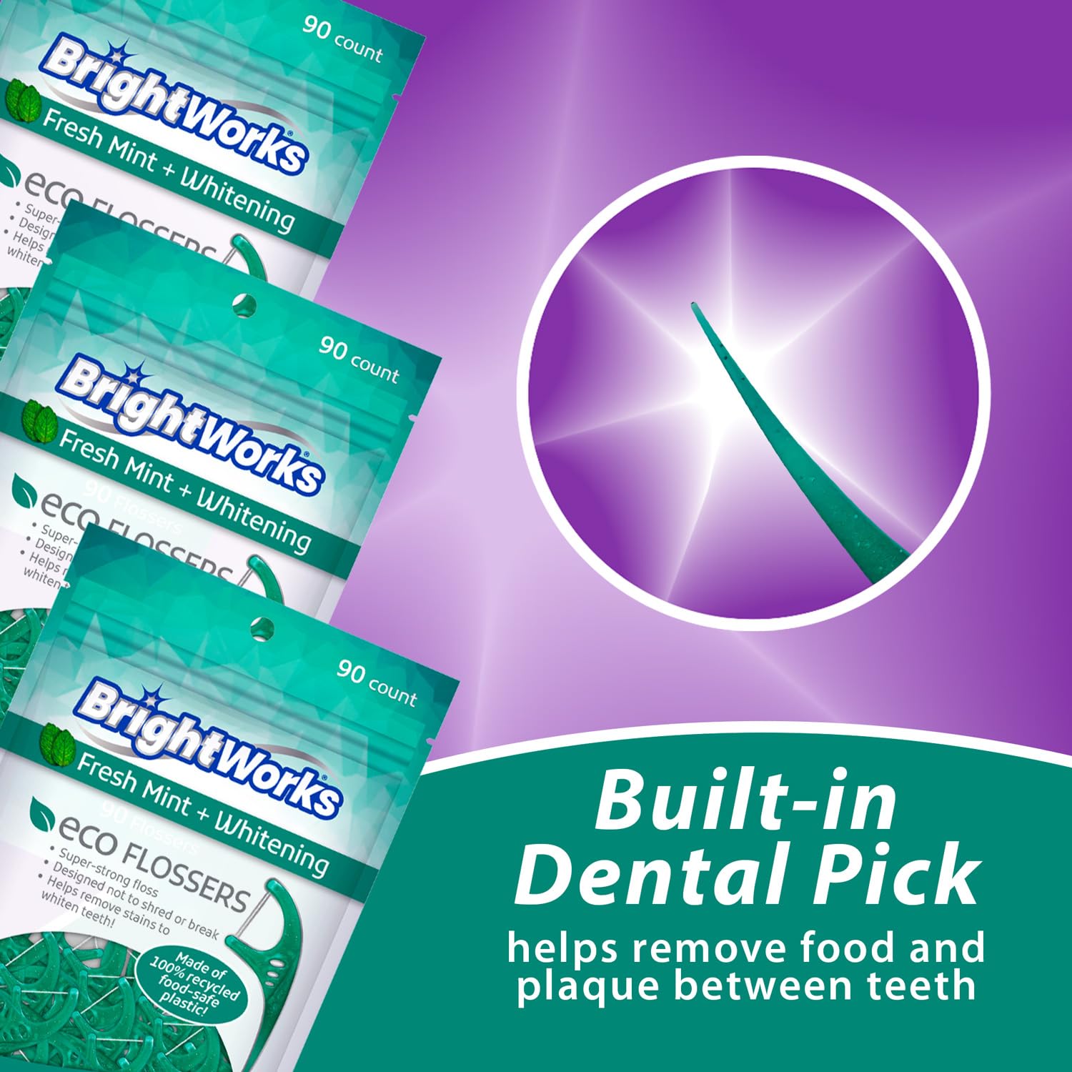 Brightworks ECO Floss Picks – 270 Count, PFAS Free, Mint-Flavored, Made in USA, 100% Post-Consumer Recycled Plastic