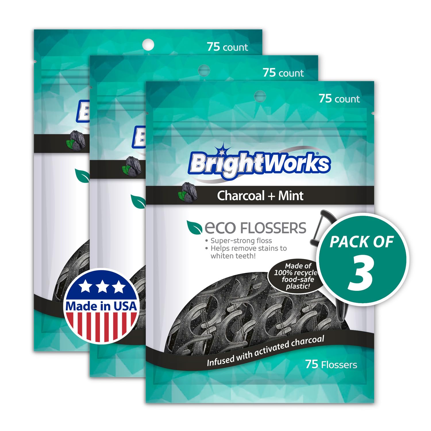 Brightworks ECO Sustainable Floss Picks - 225 Count - PFAS Free - Made in USA Charcoal + Mint Infused 100% Post-Consumer Recycled Plastic with Micro-Crystals for Oral Care Hygiene Gum Health