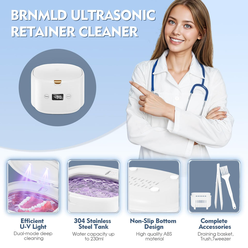 BRNMLD Ultrasonic Retainer Cleaner - 45kHz Sonic Cleaning for Dentures, Braces, Mouth Guards | 5 Modes (White)