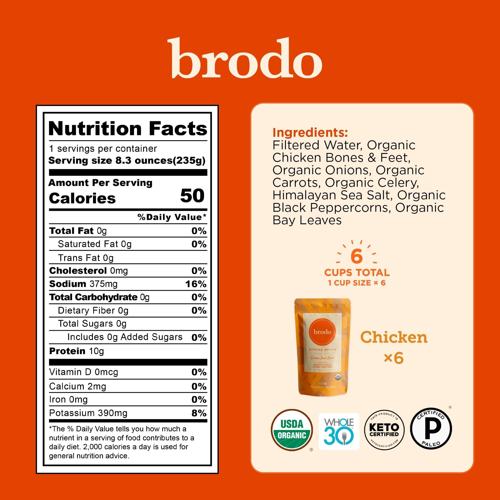 Brodo Organic Chicken Bone Broth with Collagen — Low Sodium, Protein-Rich (4x25 oz Pouches)