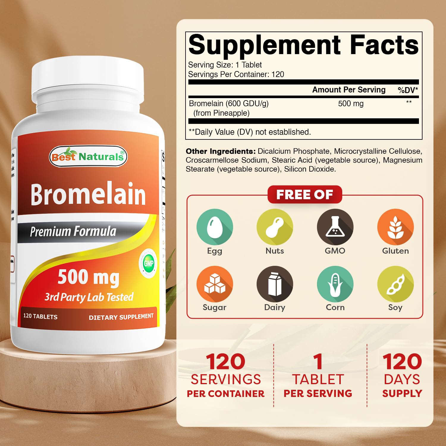 Best Naturals Bromelain 500mg - 120 Tablets (Pack of 3) | Non-GMO & Gluten-Free