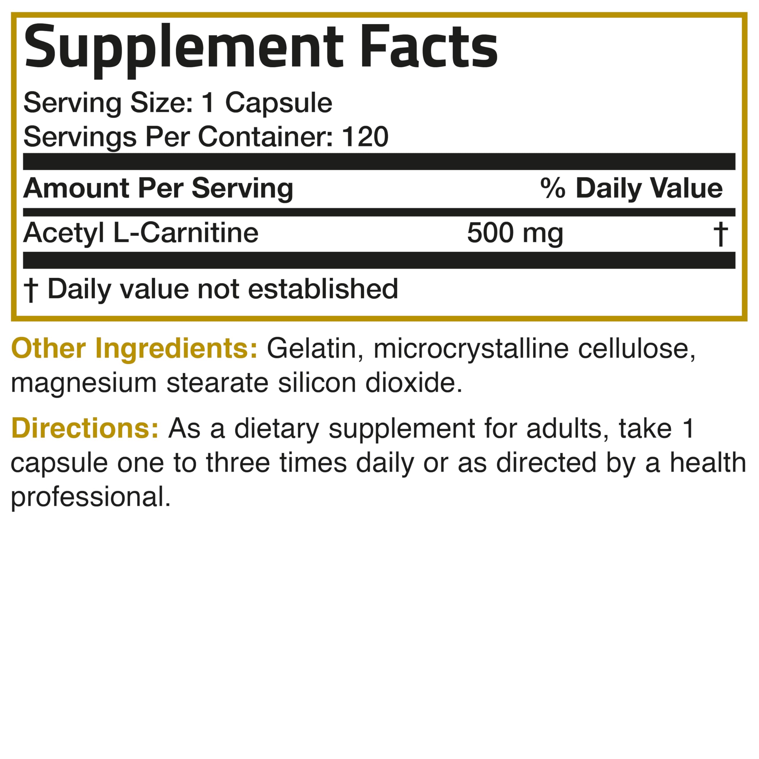 Bronson Acetyl L-Carnitine 500 MG – High Potency (120 Capsules, Non-GMO)