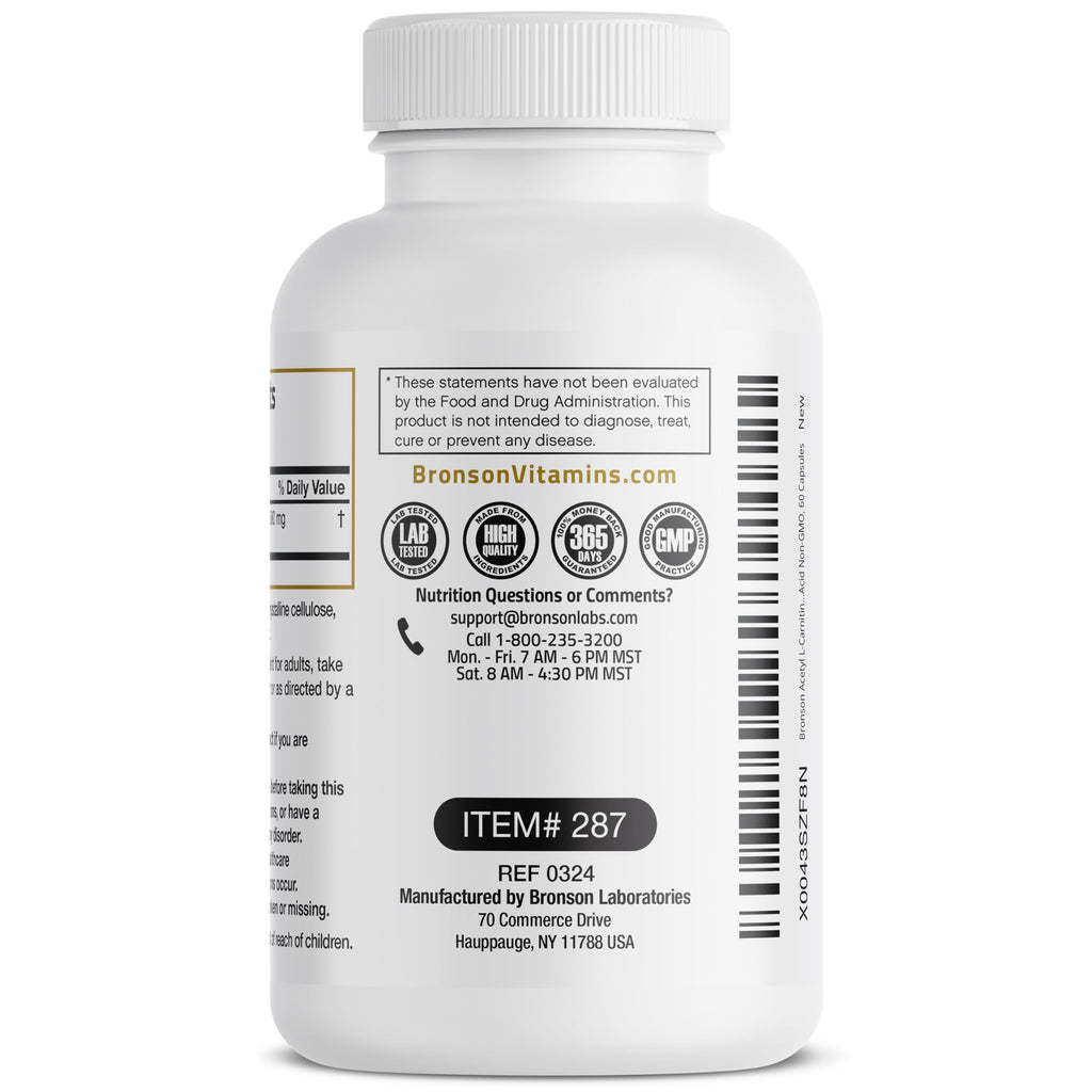 Bronson Acetyl L-Carnitine 500 MG High Potency - Non-GMO, 60 Capsules