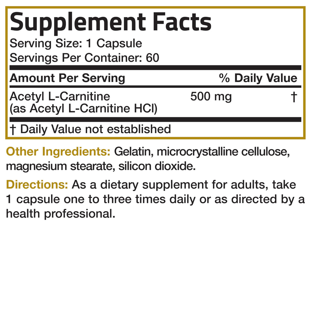 Bronson Acetyl L-Carnitine 500 MG High Potency - Non-GMO, 60 Capsules