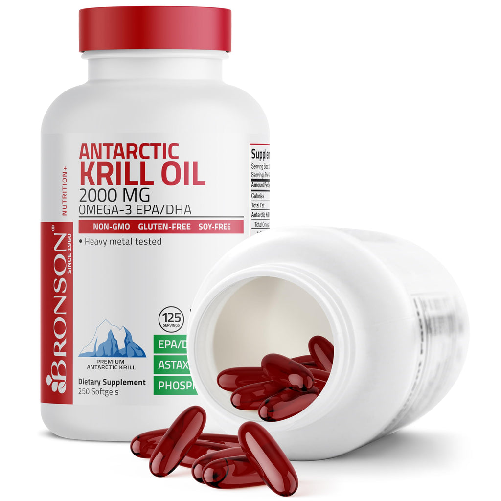 Bronson Antarctic Krill Oil 2000 mg with Omega-3s EPA, DHA, Astaxanthin and Phospholipids - 250 Softgels (125 Servings)