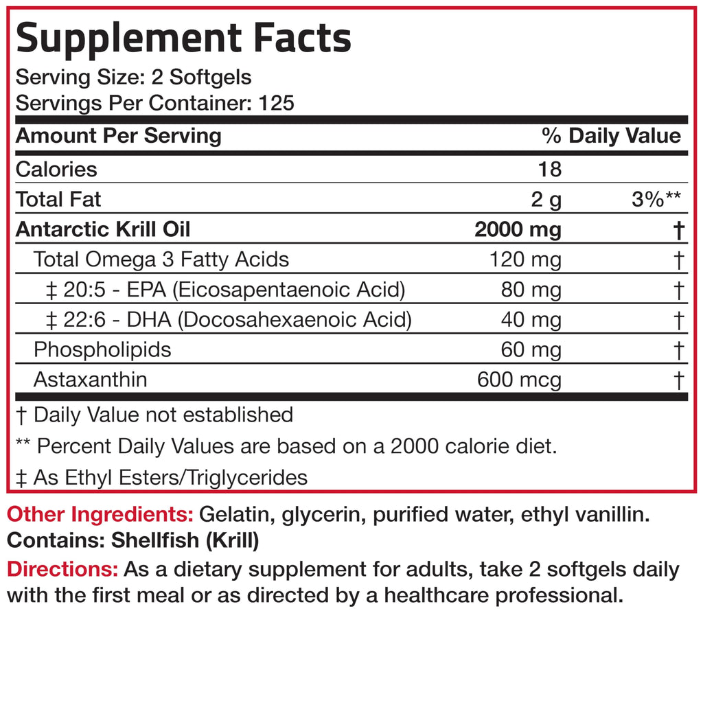 Bronson Antarctic Krill Oil 2000 mg with Omega-3s EPA, DHA, Astaxanthin and Phospholipids - 250 Softgels (125 Servings)