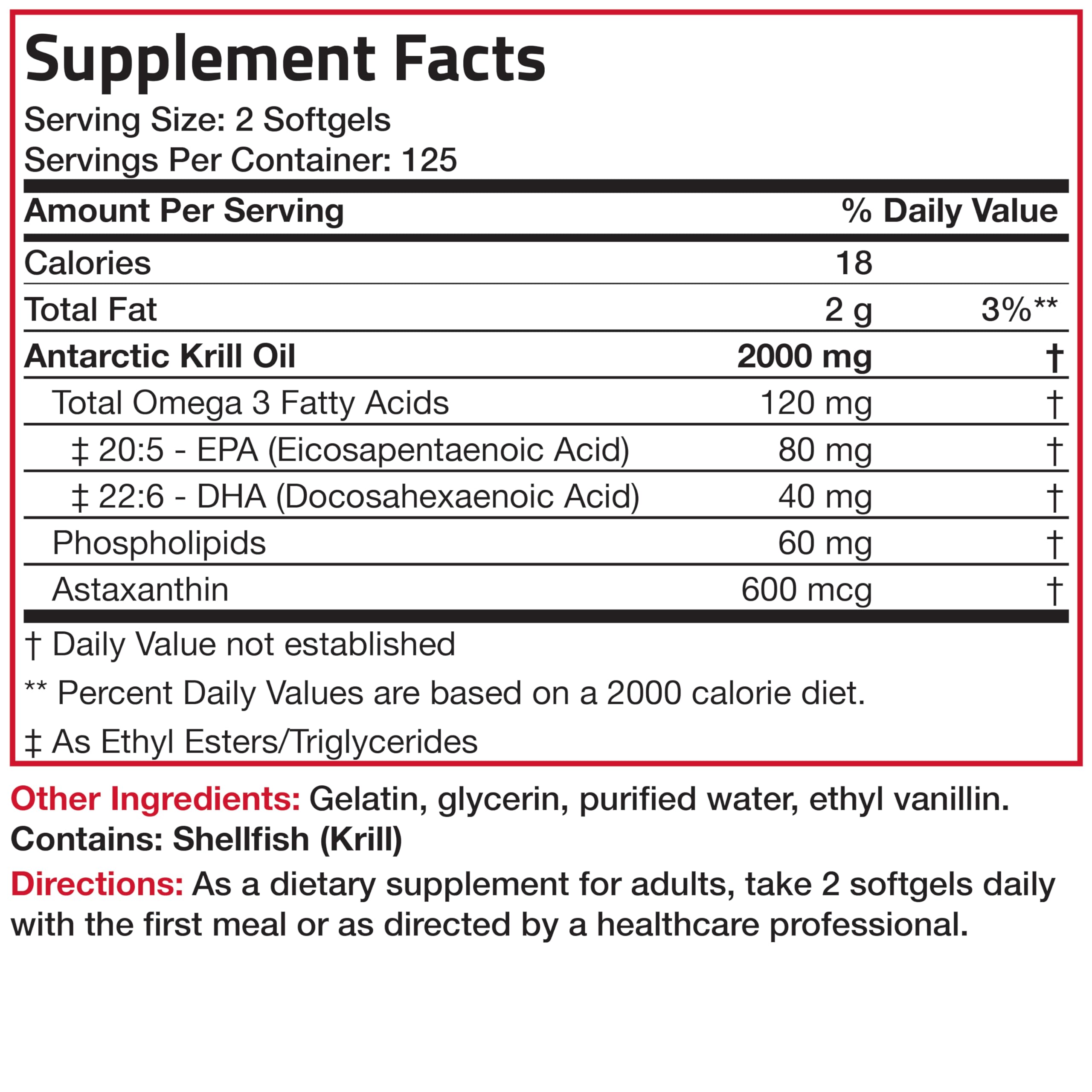 Bronson Antarctic Krill Oil 2000 mg with Omega-3s EPA, DHA, Astaxanthin and Phospholipids - 250 Softgels (125 Servings)