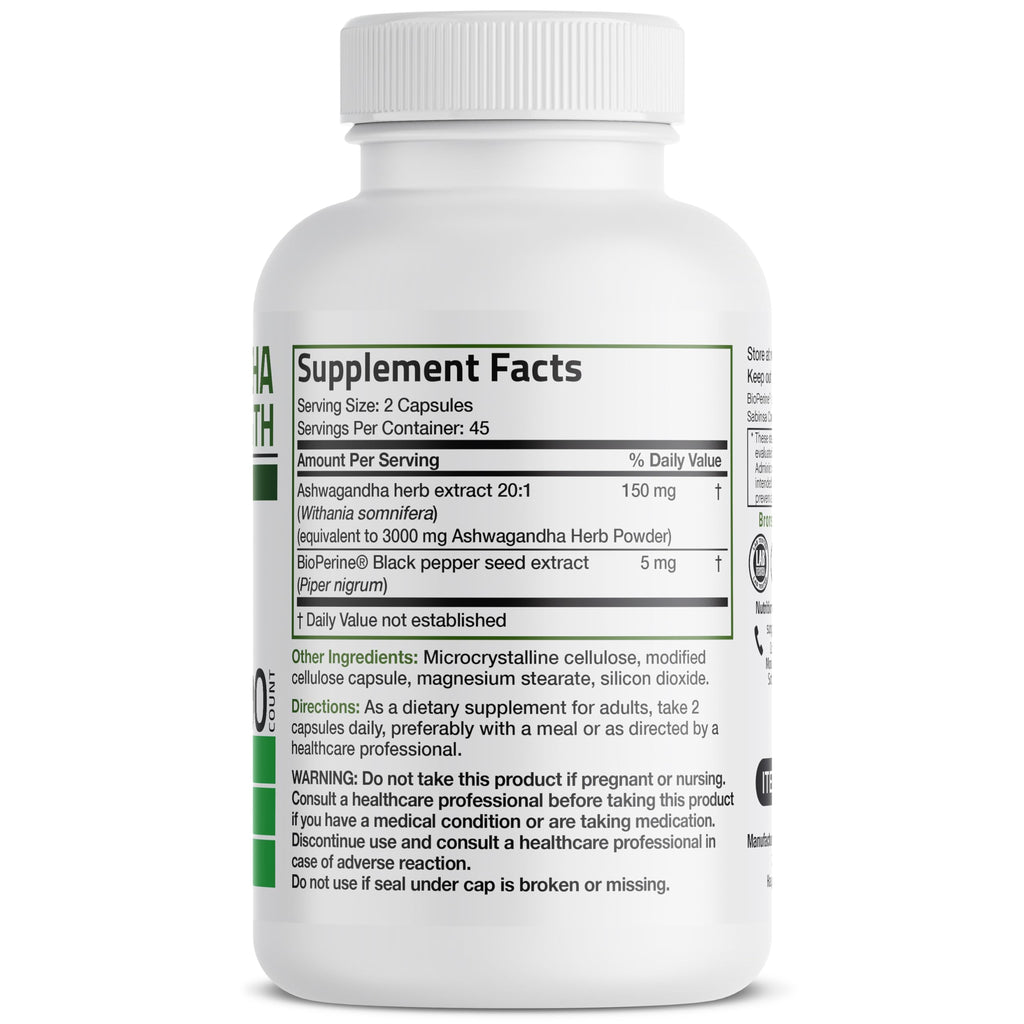 Bronson Ashwagandha Extra Strength with BioPerine | Stress & Mood Support | 90 Vegetarian Capsules | Non-GMO