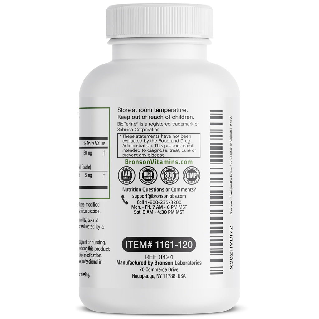 Bronson Ashwagandha Extra Strength – Stress & Mood Support with BioPerine, 120 Vegetarian Capsules