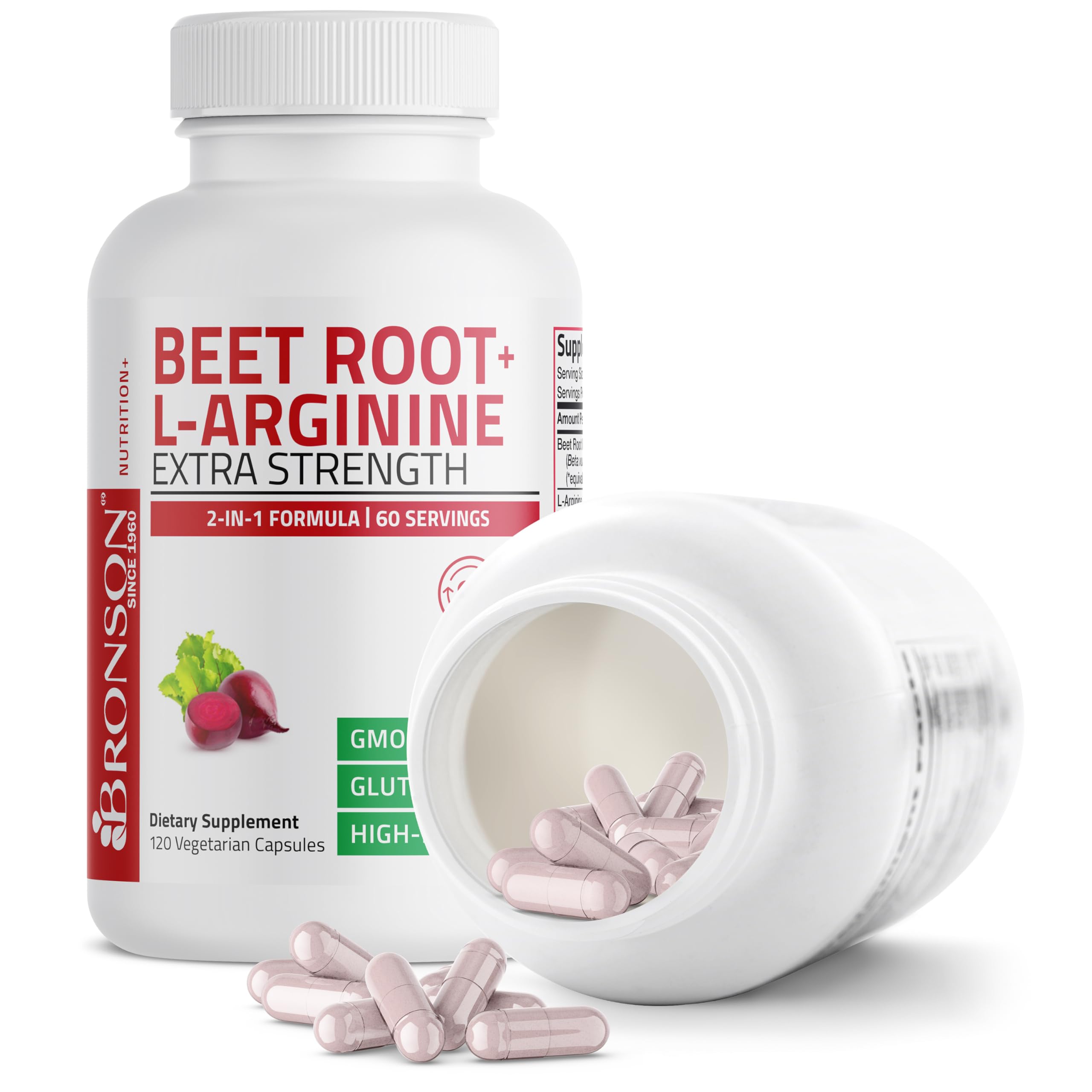 Bronson Beet Root + L-Arginine Nitric Oxide - 2000 MG / Serving | 120 Vegetarian Capsules | Non-GMO