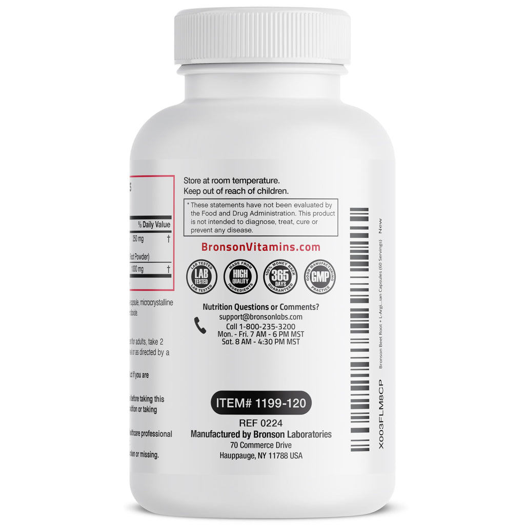 Bronson Beet Root + L-Arginine Nitric Oxide - 2000 MG / Serving | 120 Vegetarian Capsules | Non-GMO