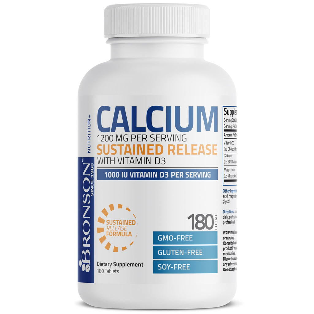 Bronson Calcium 1200 mg Sustained Release + Vitamin D3 1000 IU | Non-GMO | 180 Tablets