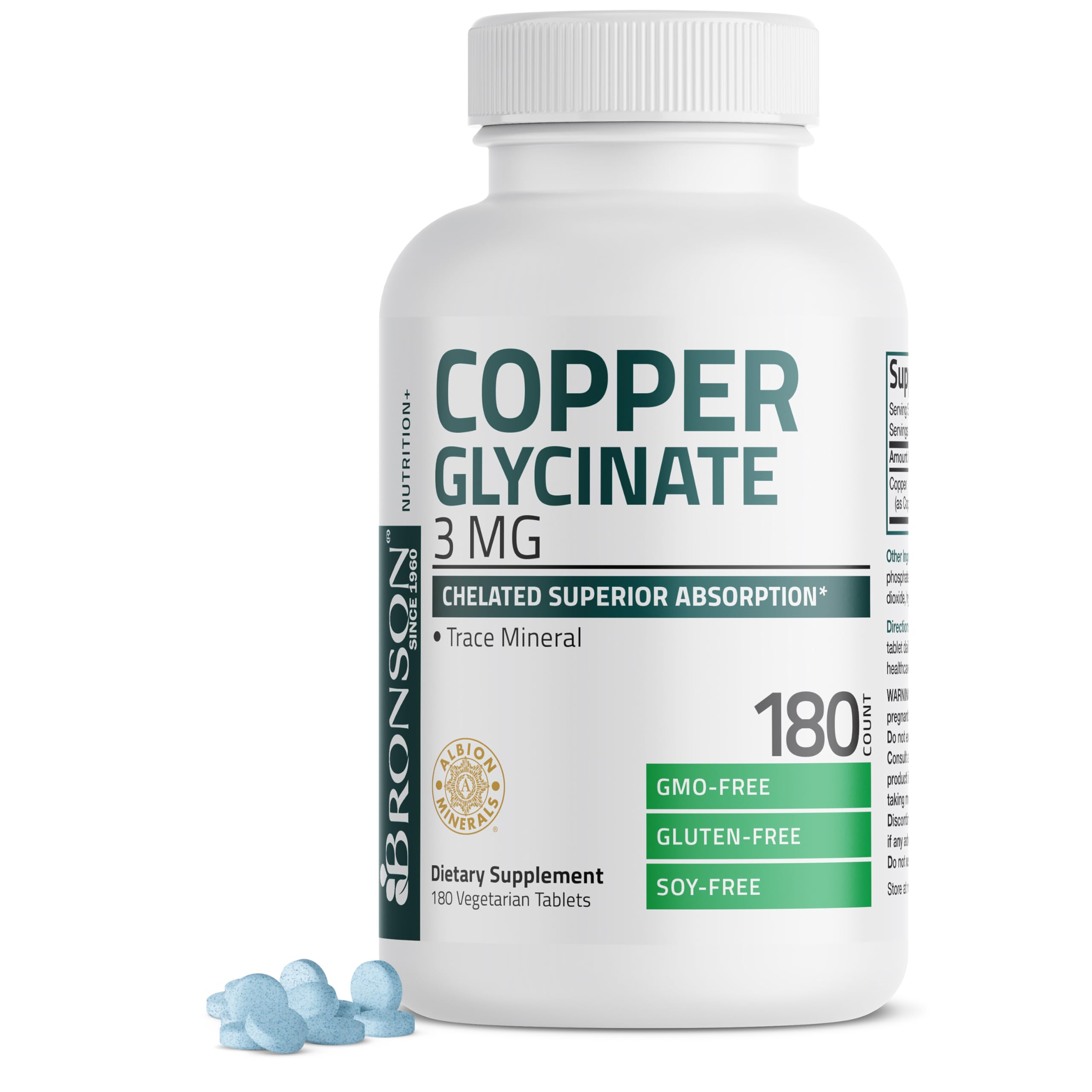 Bronson Copper Glycinate 3 mg Chelated | Non-GMO, 180 Tablets