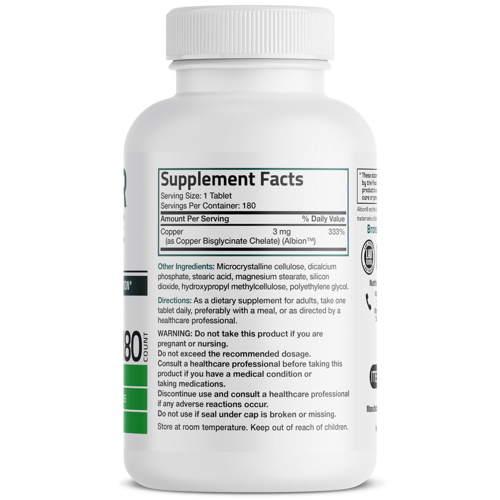 Bronson Copper Glycinate 3 mg Chelated | Non-GMO, 180 Tablets