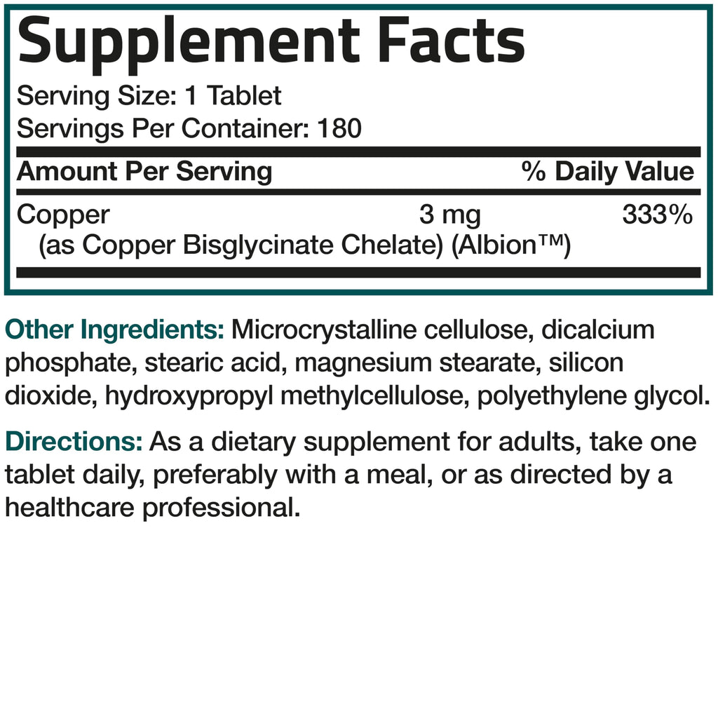 Bronson Copper Glycinate 3 mg Chelated | Non-GMO, 180 Tablets