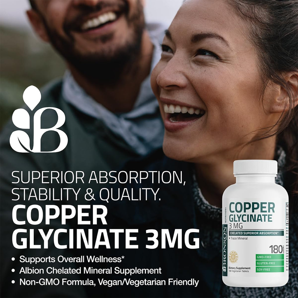 Bronson Copper Glycinate 3 mg Chelated | Non-GMO, 180 Tablets