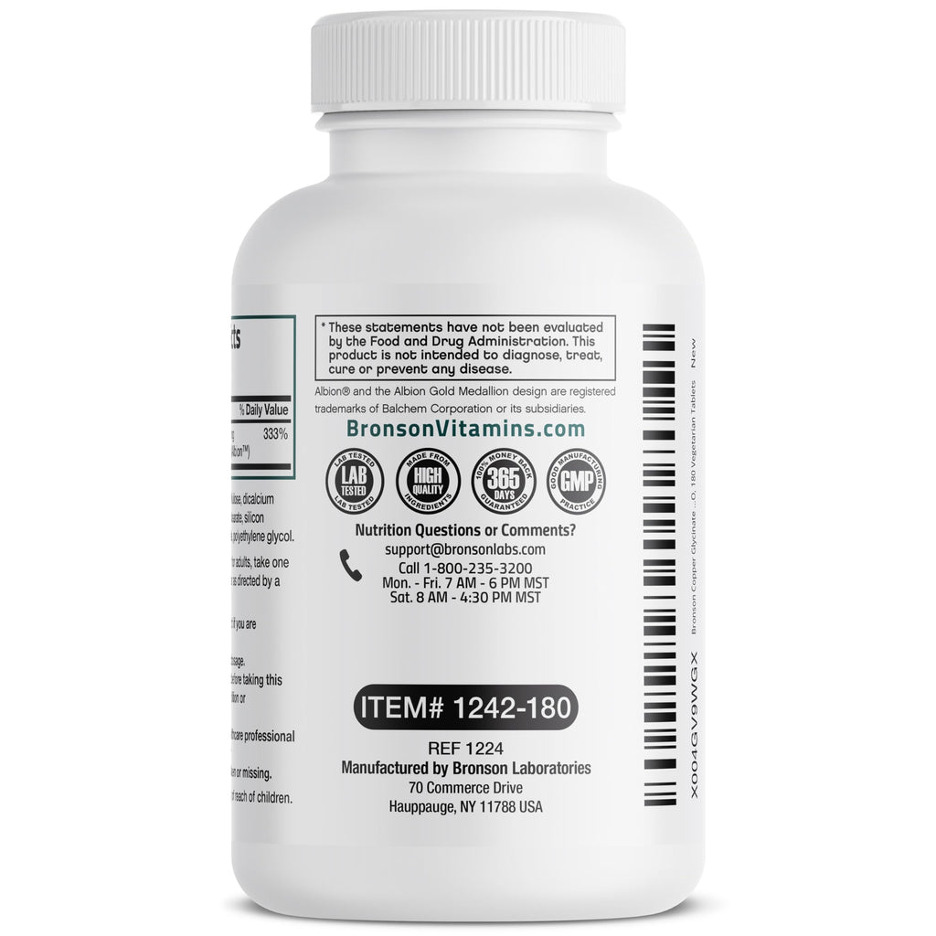 Bronson Copper Glycinate 3 mg Chelated | Non-GMO, 180 Tablets