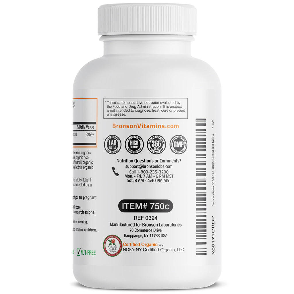 Bronson Vitamin D3 5,000 IU Organic High Potency Non-GMO | 360 Tablets