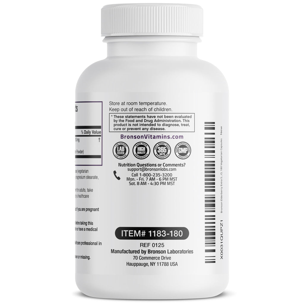 Bronson Elderberry Extra Strength – Immune Support & Antioxidant Protection | 180 Vegetarian Capsules | Non-GMO
