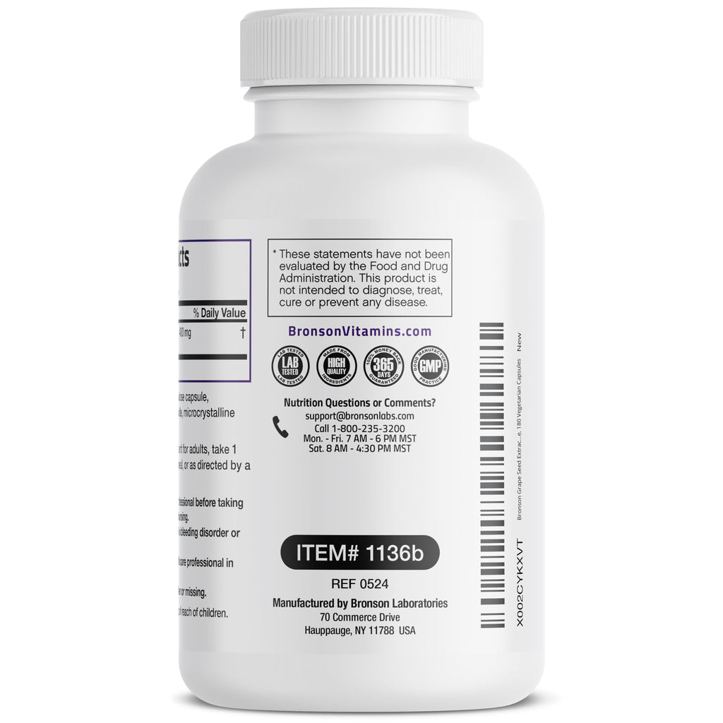Bronson Grape Seed Extract 400 mg – Antioxidant & Immune Support | 95% Proanthocyanidins | Non-GMO, 180 Vegetarian Capsules