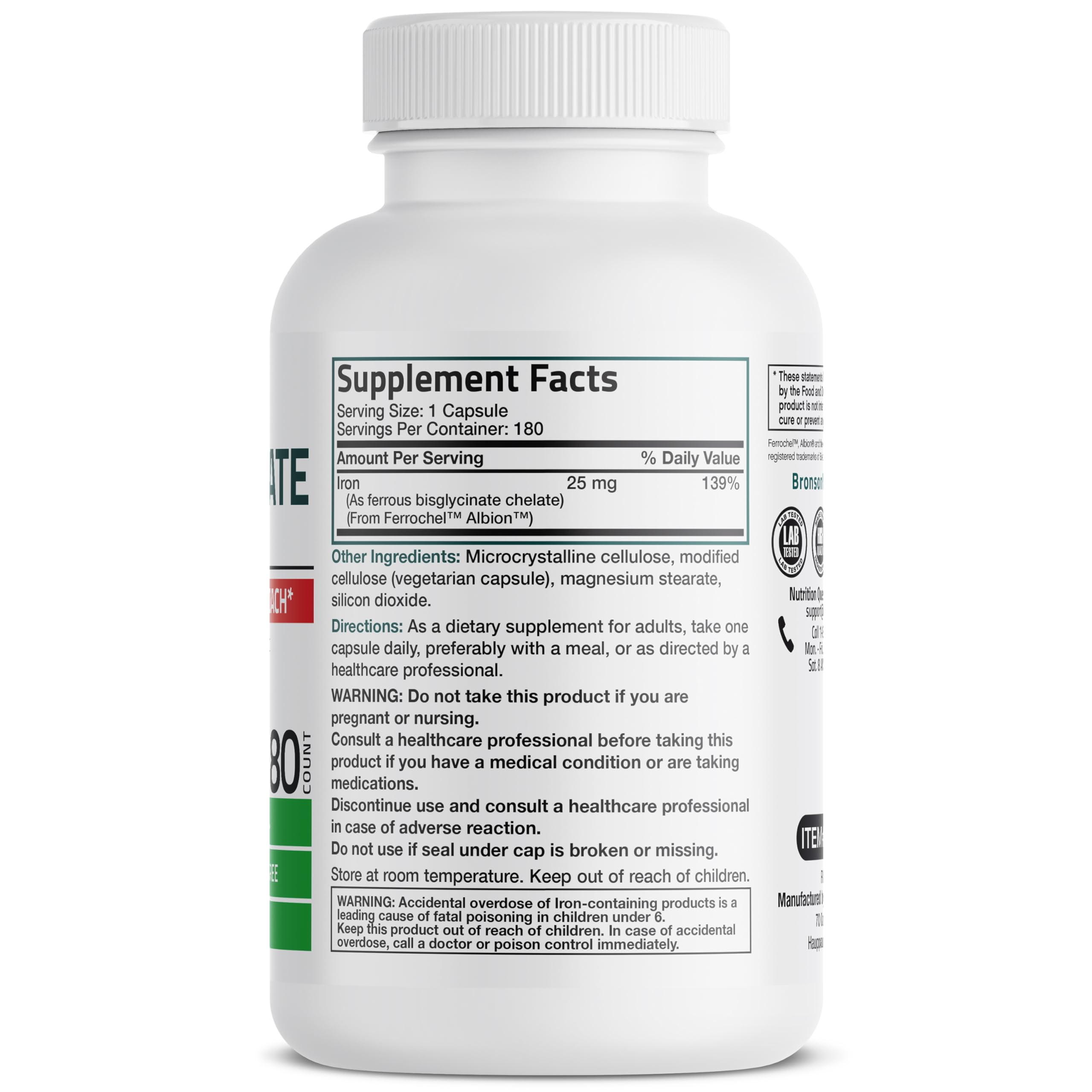 Bronson Iron Bisglycinate 25 mg – Gentle on the Stomach, Non-Constipating • 180 Vegetarian Capsules