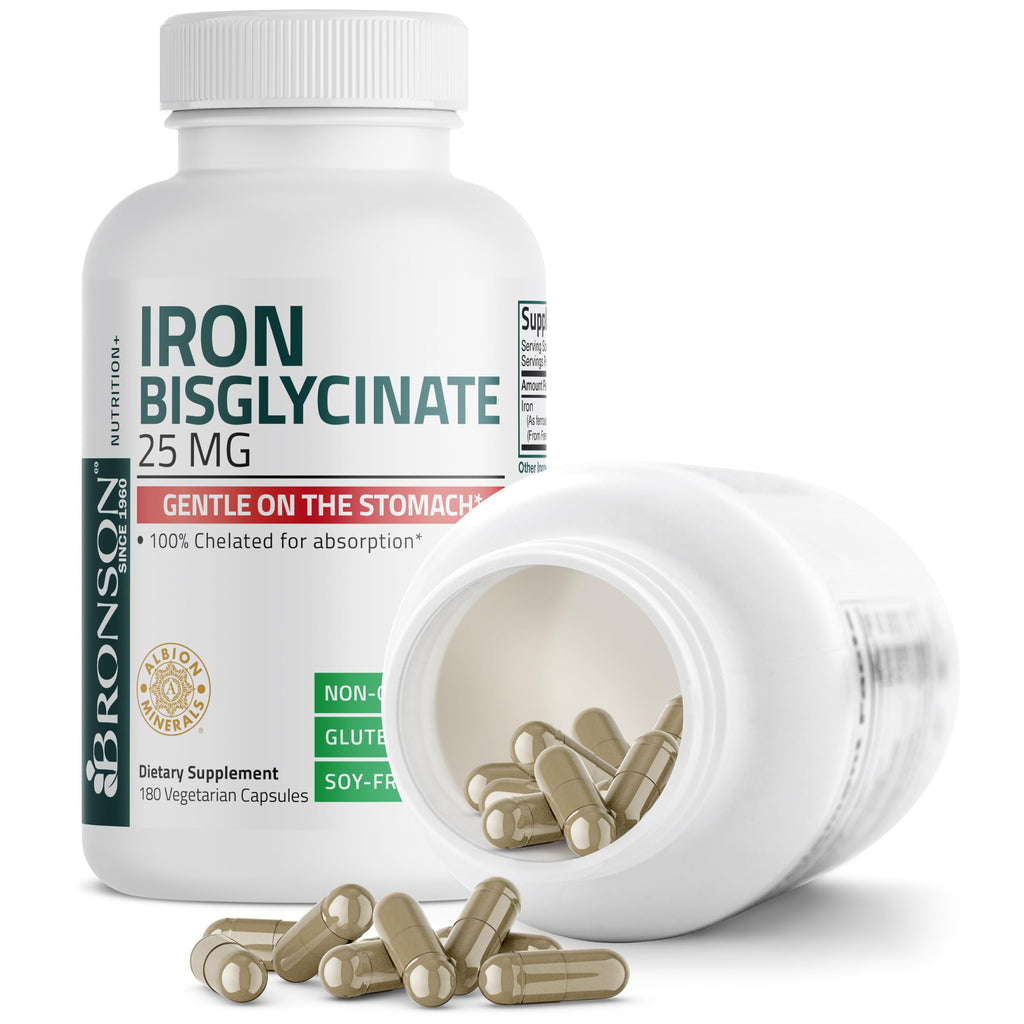 Bronson Iron Bisglycinate 25 mg – Gentle on the Stomach, Non-Constipating • 180 Vegetarian Capsules