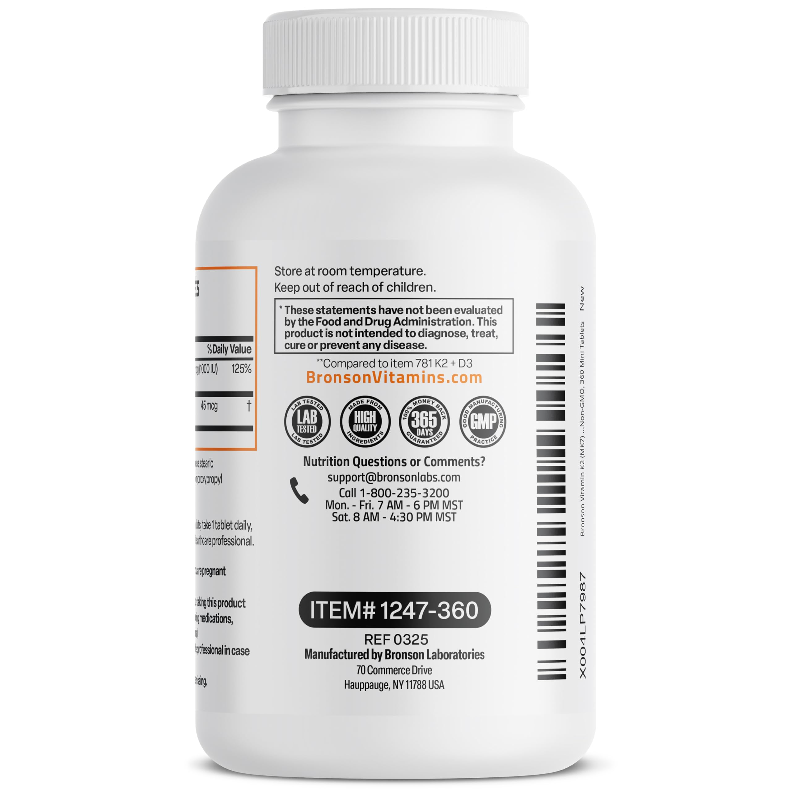 Bronson Vitamin K2 MK-7 with D3 Minis – 45 mcg K2, 1000 IU D3, 360 Mini Tablets