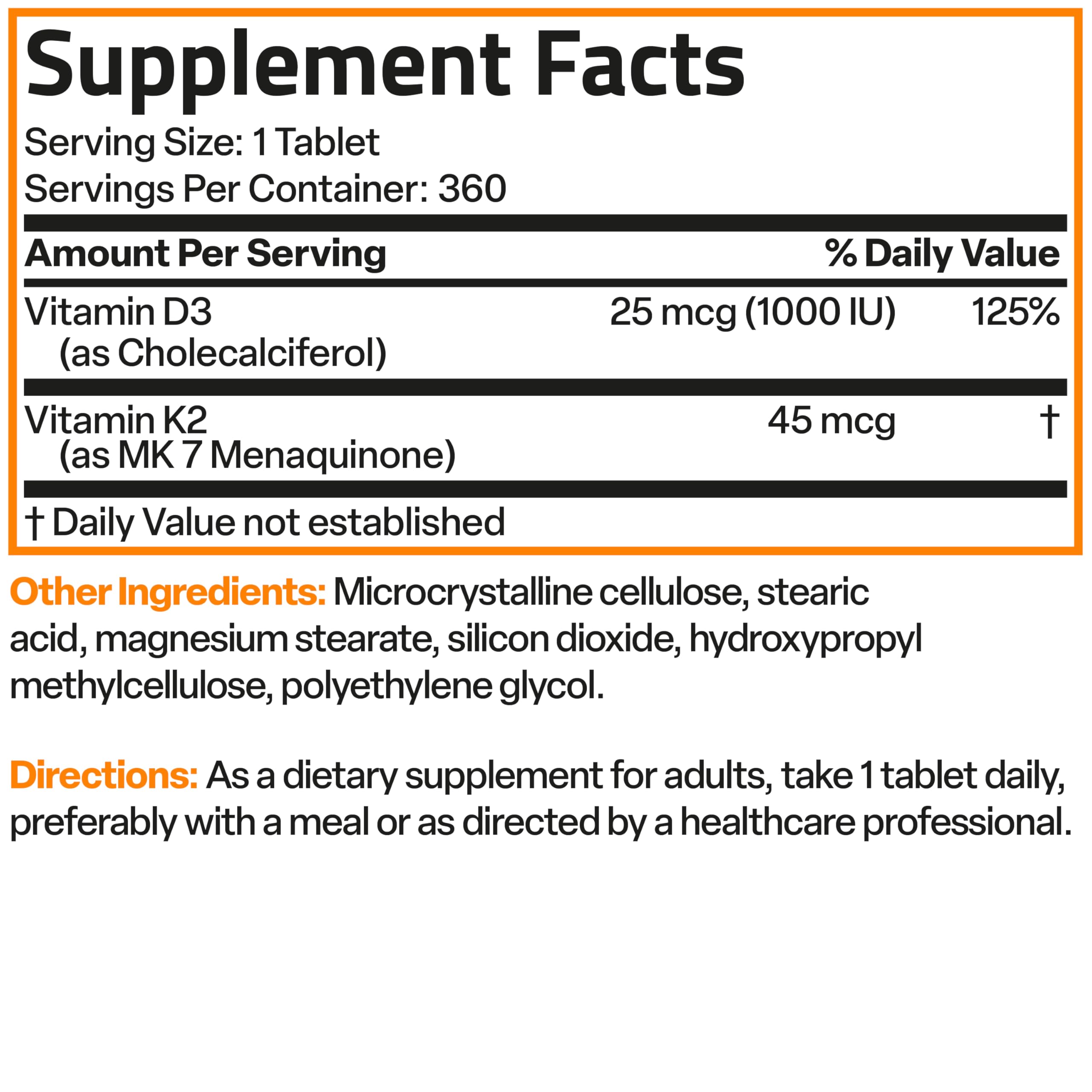 Bronson Vitamin K2 MK-7 with D3 Minis – 45 mcg K2, 1000 IU D3, 360 Mini Tablets