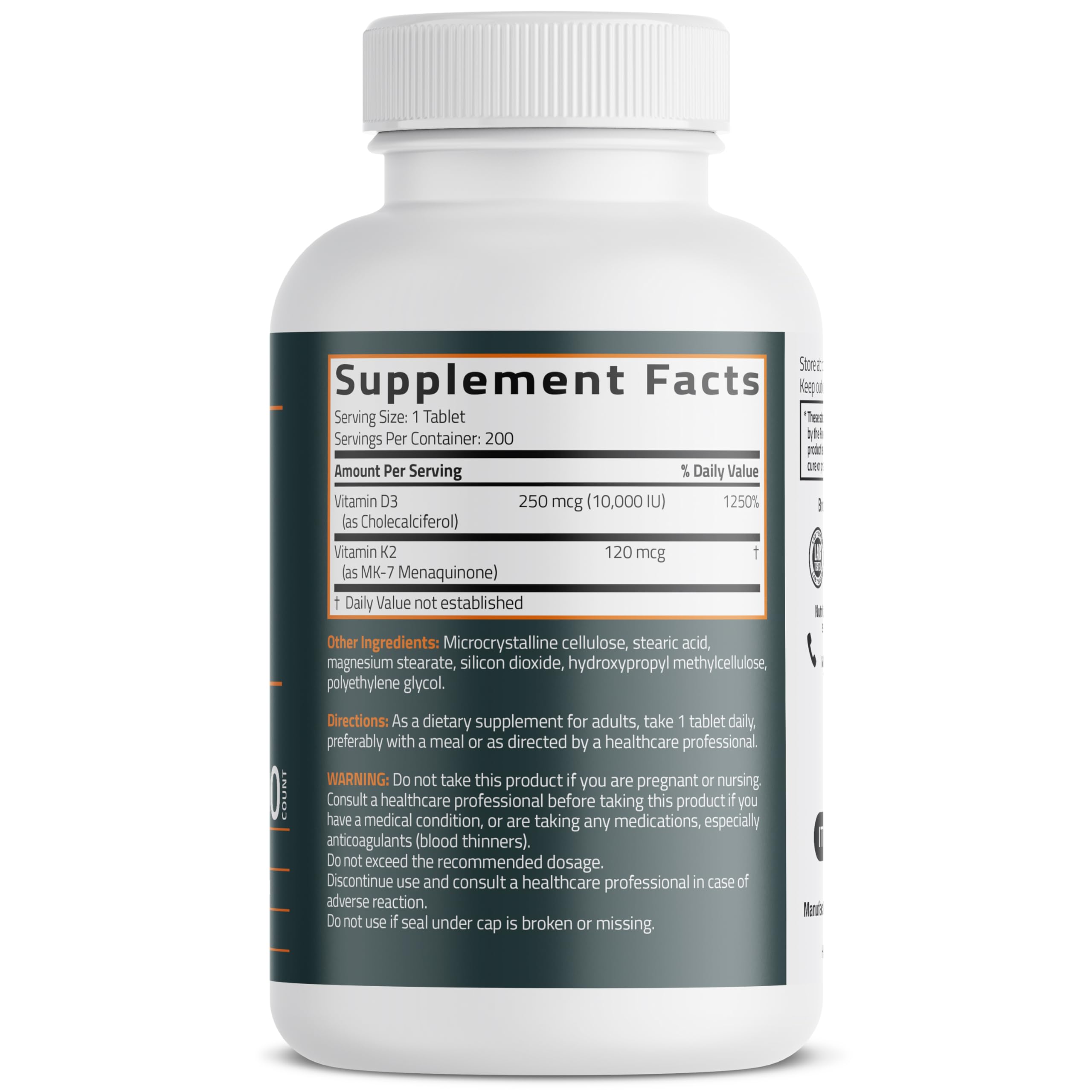 Bronson Vitamin K2 (MK-7) with D3 Extra Strength 2-in-1 – 10,000 IU D3 & 120 mcg K2 MK-7 | 200 Tablets