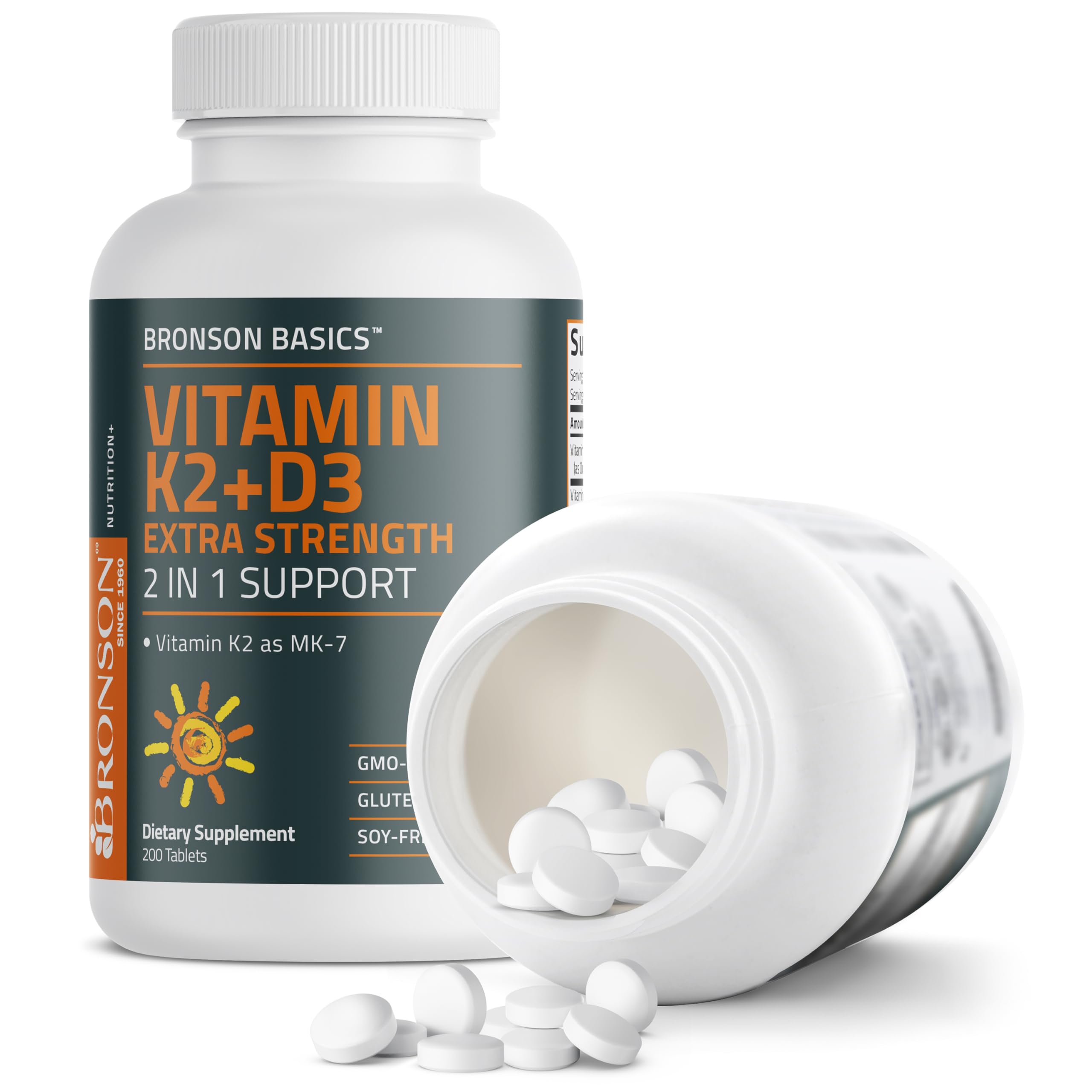 Bronson Vitamin K2 (MK-7) with D3 Extra Strength 2-in-1 – 10,000 IU D3 & 120 mcg K2 MK-7 | 200 Tablets