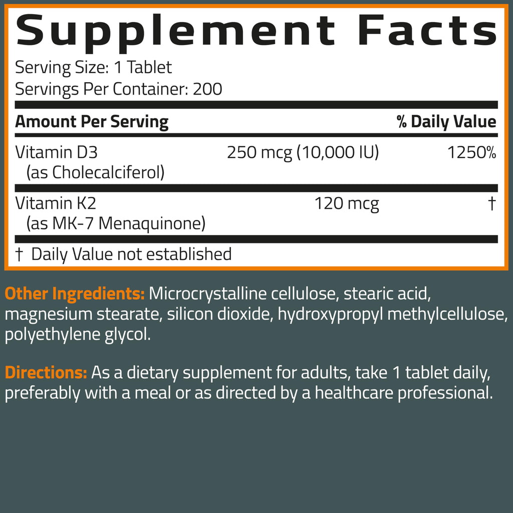 Bronson Vitamin K2 (MK-7) with D3 Extra Strength 2-in-1 – 10,000 IU D3 & 120 mcg K2 MK-7 | 200 Tablets