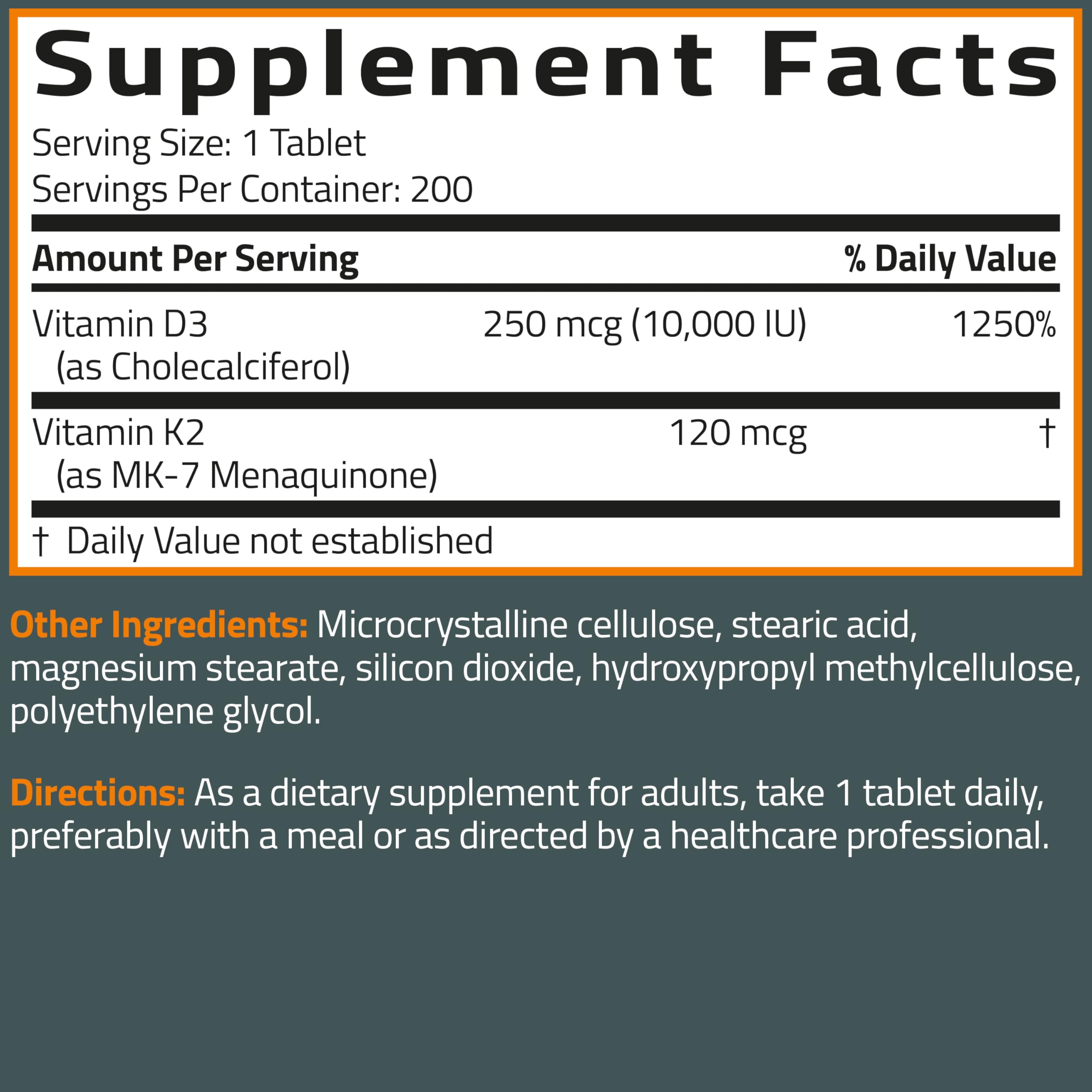 Bronson Vitamin K2 (MK-7) with D3 Extra Strength 2-in-1 – 10,000 IU D3 & 120 mcg K2 MK-7 | 200 Tablets
