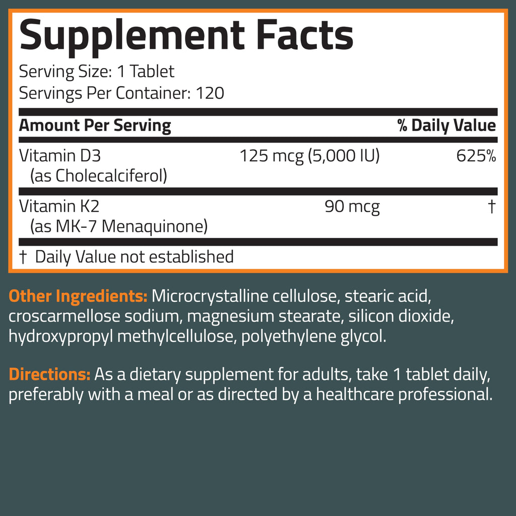 Bronson Vitamin K2 D3 (MK-7) Supplement – Non-GMO, 120 Tablets