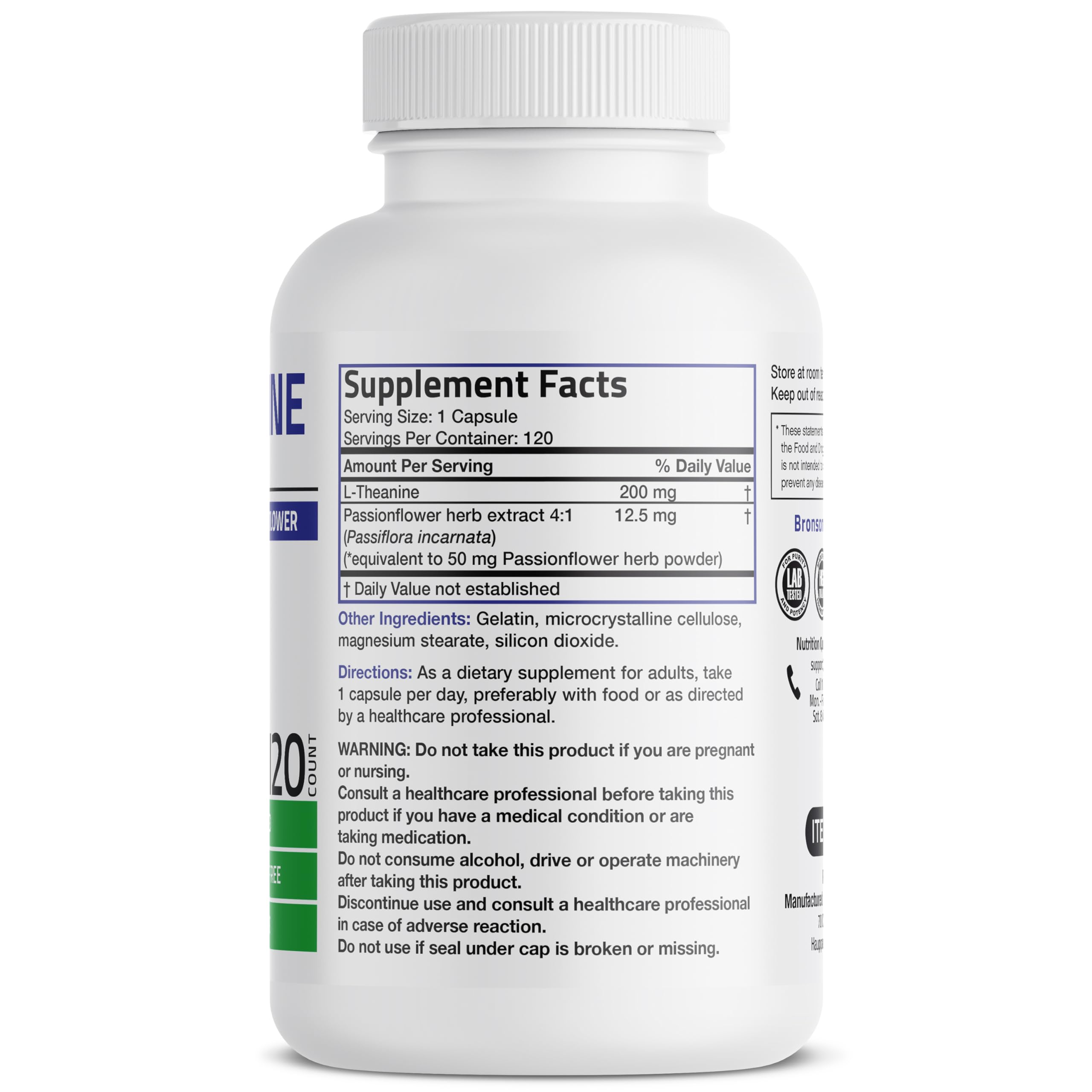 Bronson L-Theanine 200mg (Double-Strength) with Passion Flower - 120 Capsules | Stress & Focus Support
