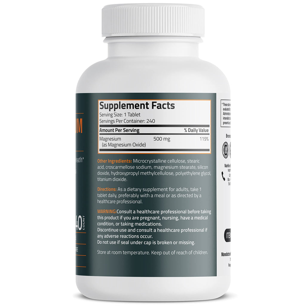 Bronson Magnesium 500 MG – Supports Bone & Muscle Health, Nervous System | Non-GMO, 240 Vegetarian Tablets