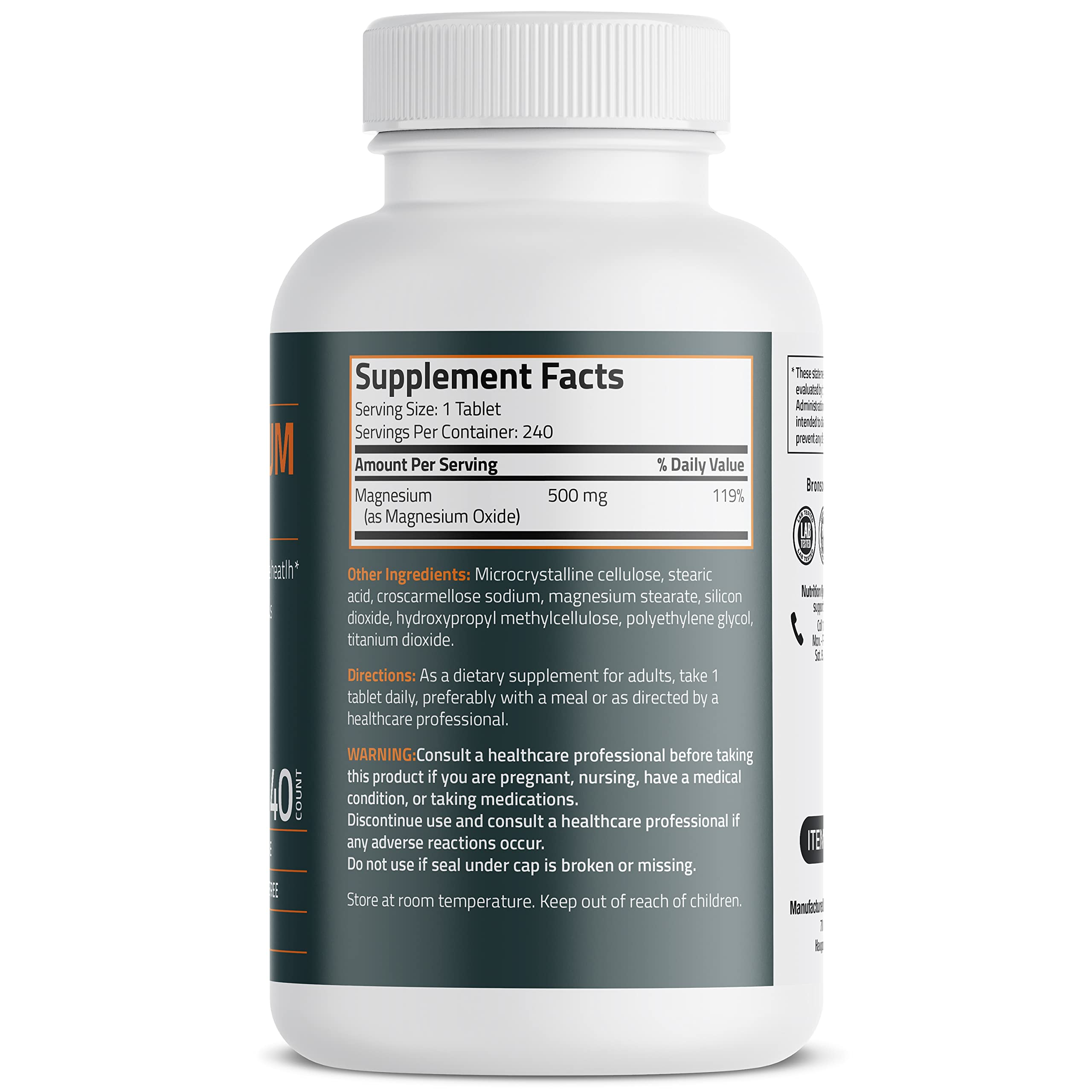 Bronson Magnesium 500 MG – Supports Bone & Muscle Health, Nervous System | Non-GMO, 240 Vegetarian Tablets