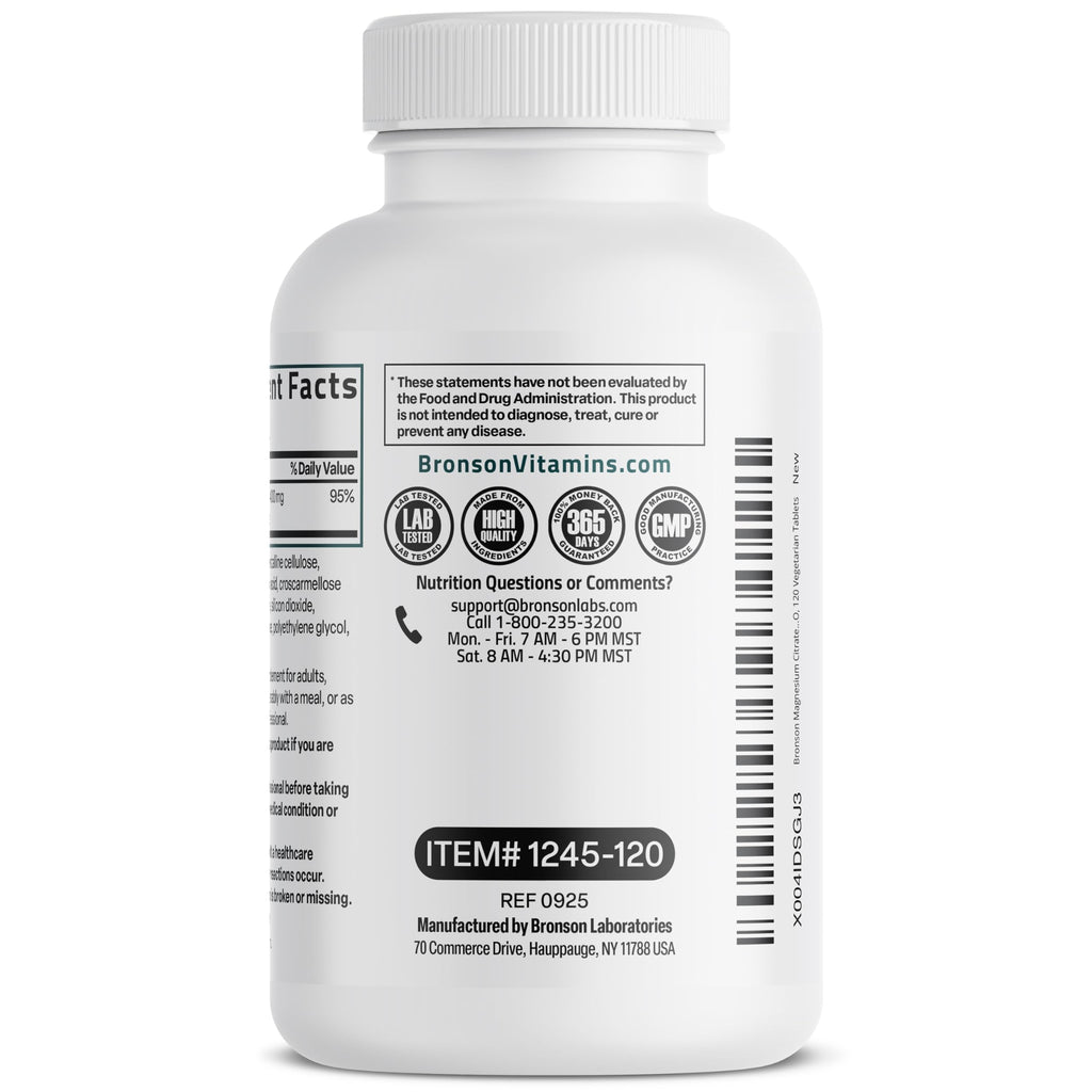 Bronson Magnesium Citrate 400mg | High Absorption, Non-GMO, 120 Vegetarian Tablets
