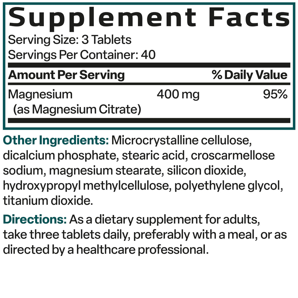 Bronson Magnesium Citrate 400mg | High Absorption, Non-GMO, 120 Vegetarian Tablets