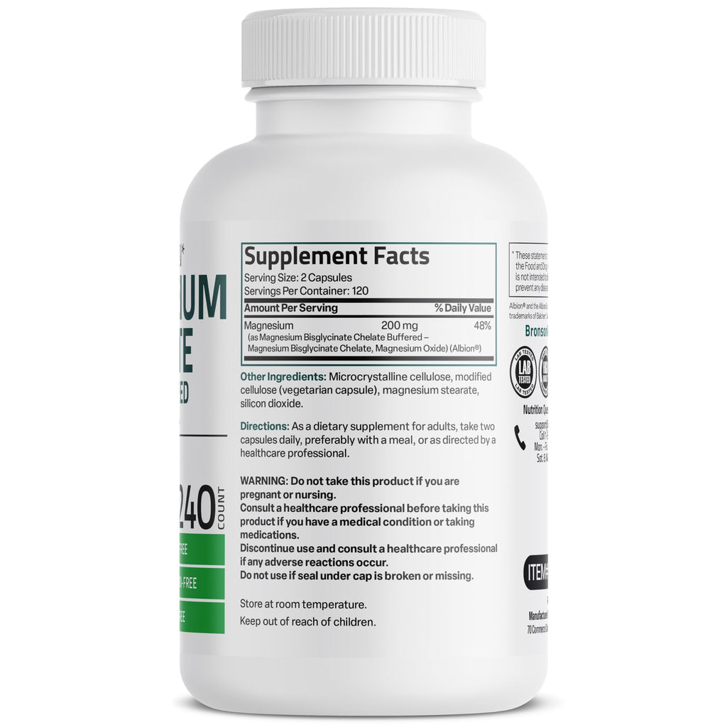 Bronson Magnesium Glycinate 200 mg – Chelated for High Absorption, Non-GMO, 240 Vegetarian Capsules
