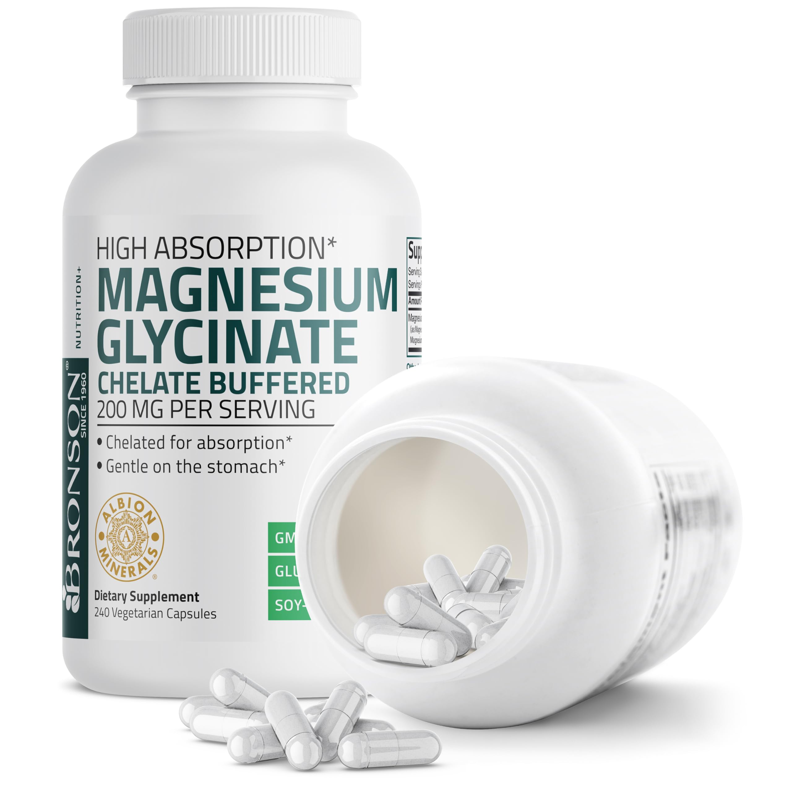 Bronson Magnesium Glycinate 200 mg – Chelated for High Absorption, Non-GMO, 240 Vegetarian Capsules