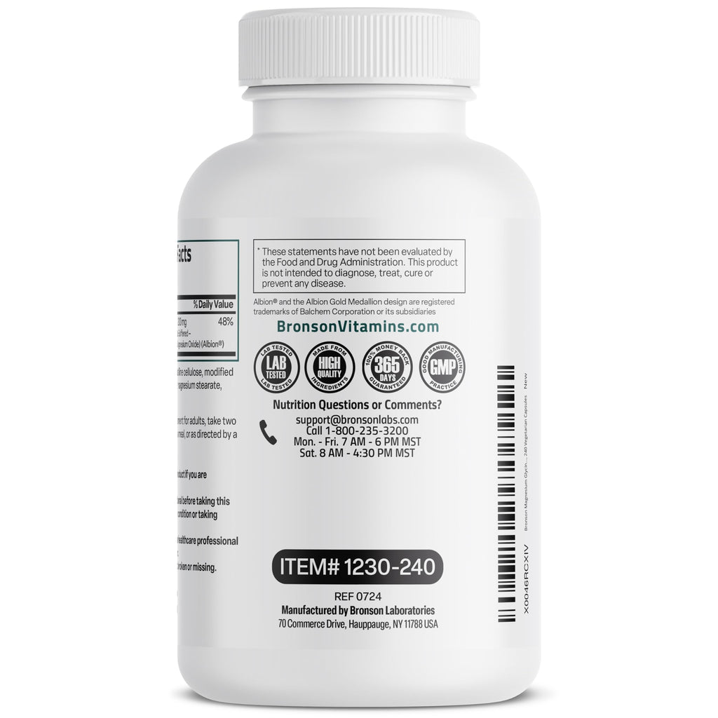 Bronson Magnesium Glycinate 200 mg – Chelated for High Absorption, Non-GMO, 240 Vegetarian Capsules
