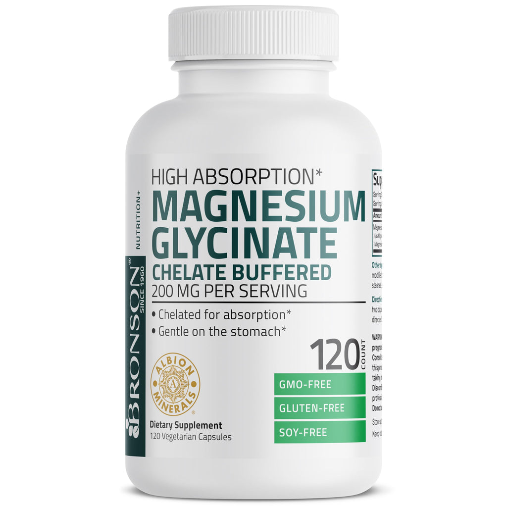 Bronson Magnesium Glycinate 200 mg – Chelated for High Absorption, Gentle on Stomach | Non-GMO, 120 Vegetarian Capsules